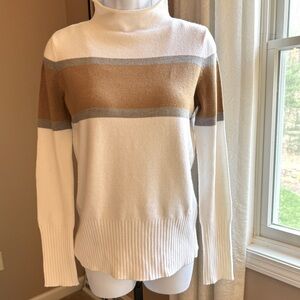 Mock neck women’s sweater ivory with tan and gray horizontal stripe. Size Medium